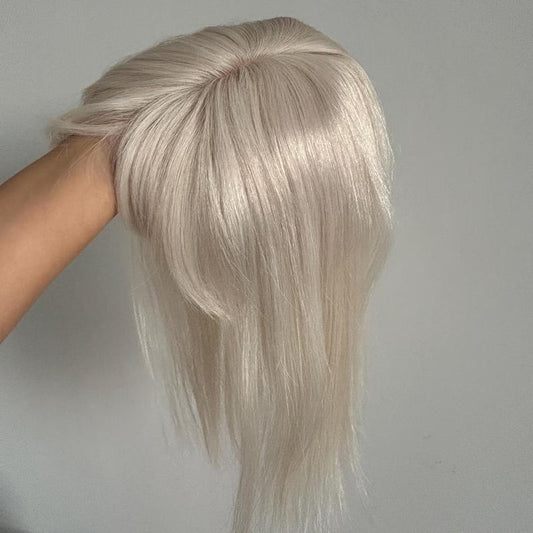 100% Virgin Remy Light Silver Mono Base Human Hair Topper With Bangs for Women