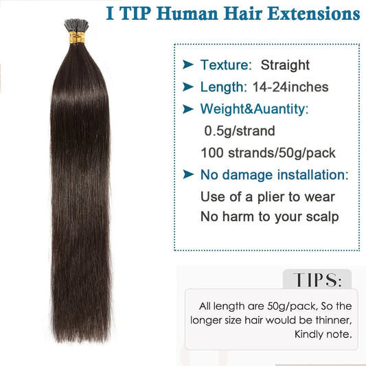 100 Strands I Tip Hair Extensions Straight Pre Bonded Stick I Tip Human Hair Keratin Cold Fusion Hair Extensions 50g