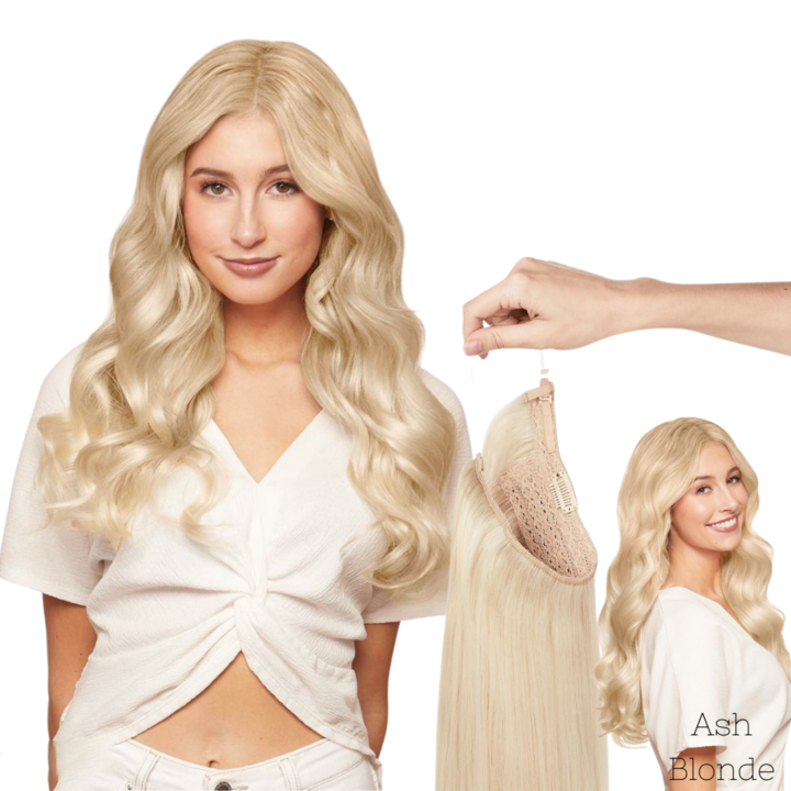 20 inch Ash Blonde Highlights Remy Human Halo Hair Extension Natural Hidden Wire