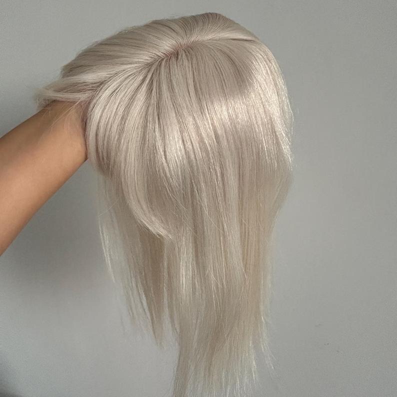 100% Virgin Remy Light Silver Mono Base Human Hair Topper With Bangs for Women