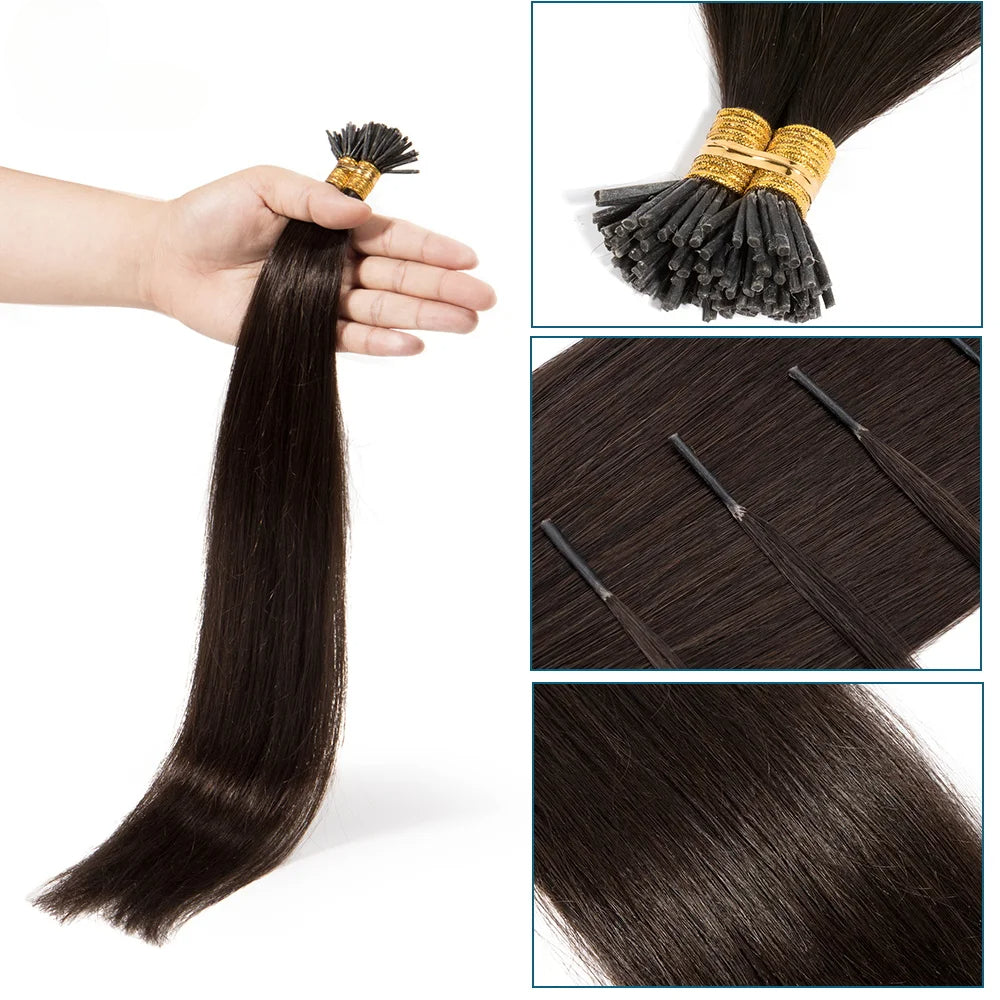 100 Strands I Tip Hair Extensions Straight Pre Bonded Stick I Tip Human Hair Keratin Cold Fusion Hair Extensions 50g