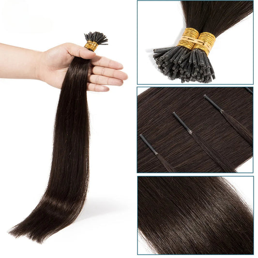 100 Strands I Tip Hair Extensions Straight Pre Bonded Stick I Tip Human Hair Keratin Cold Fusion Hair Extensions 50g