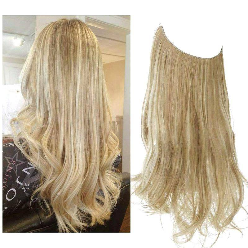 20 inch Ash Blonde Highlights Remy Human Halo Hair Extension Natural Hidden Wire