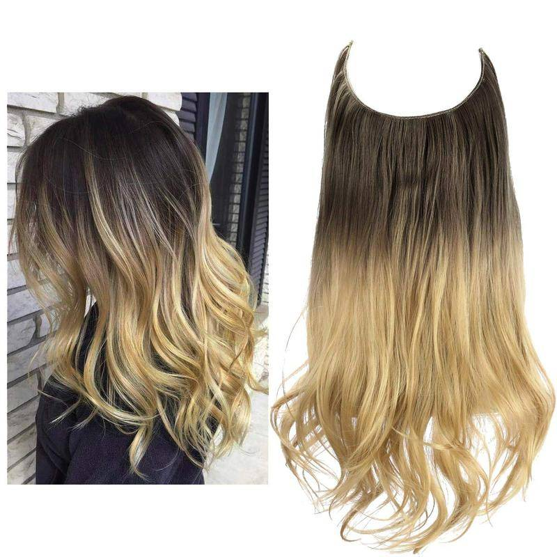 20 inch Ash Blonde Highlights Remy Human Halo Hair Extension Natural Hidden Wire