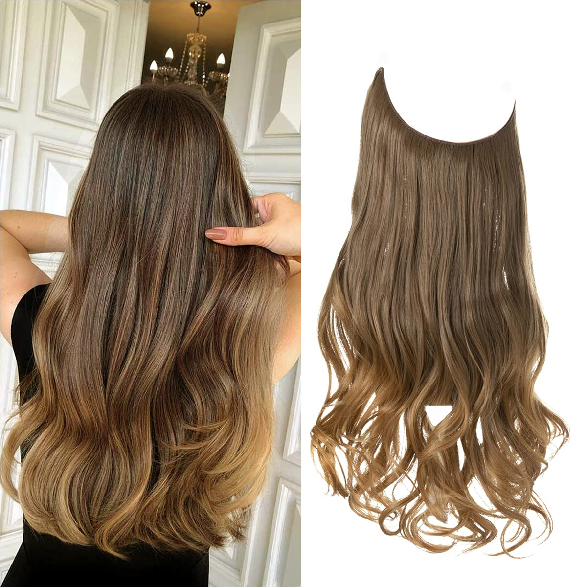 20 inch Ash Blonde Highlights Remy Human Halo Hair Extension Natural Hidden Wire