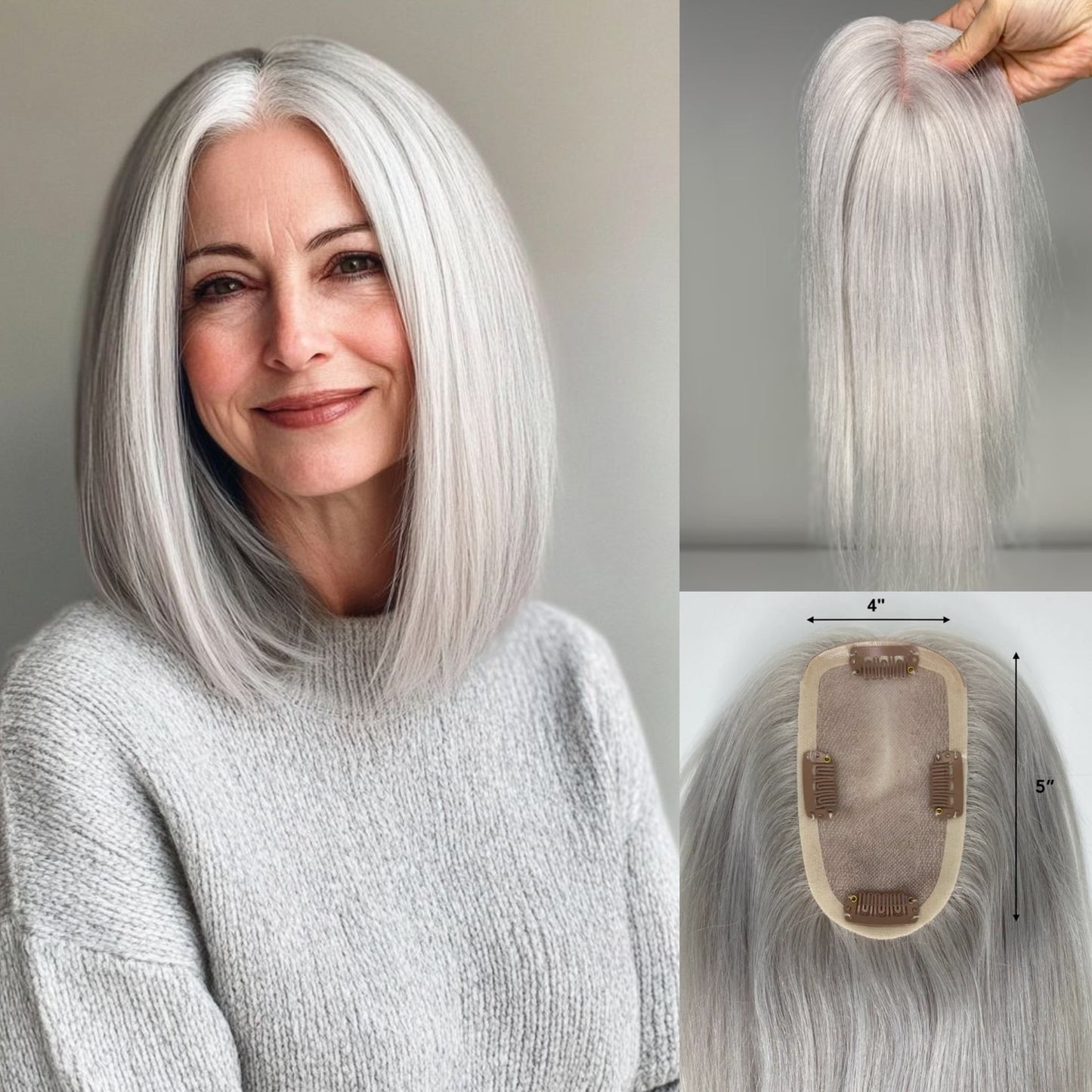 100% Virgin Remy Light Silver Mono Base Human Hair Topper for Women
