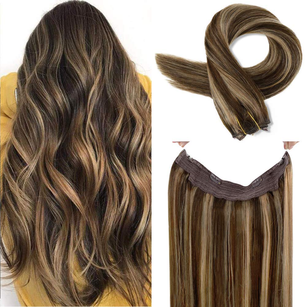 20 inch Ash Blonde Highlights Remy Human Halo Hair Extension Natural Hidden Wire