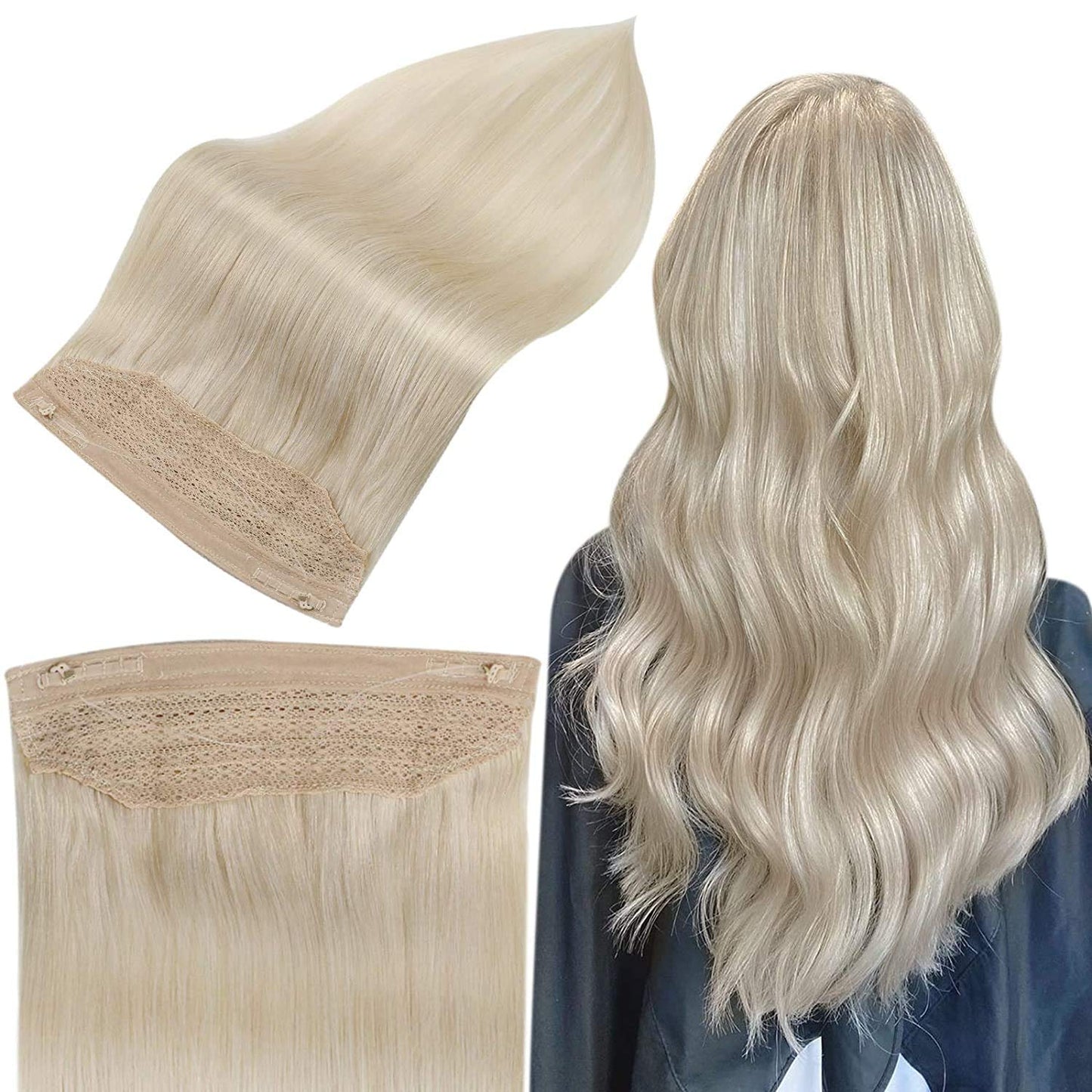 20 inch Ash Blonde Highlights Remy Human Halo Hair Extension Natural Hidden Wire