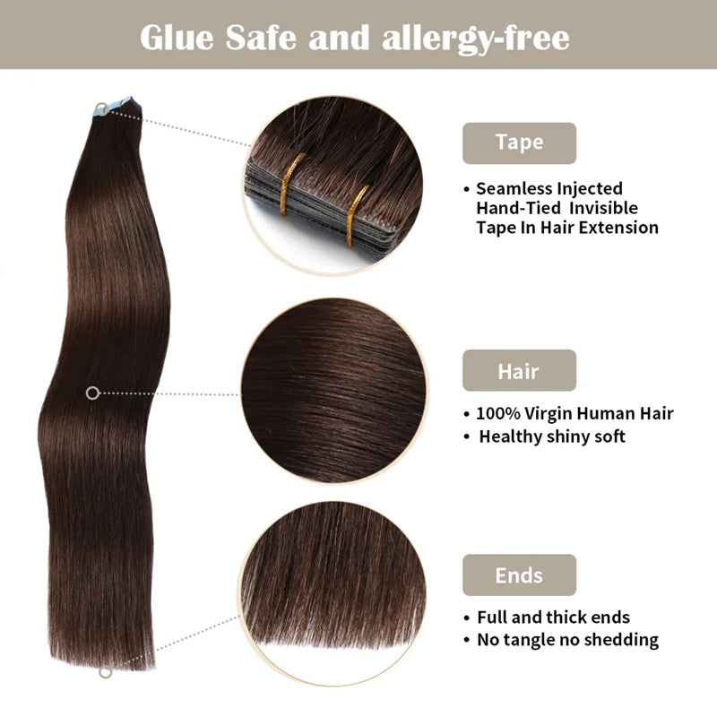 20Pcs Hand-Tied Invisible Tape In Hair Extension Virgin Human Hair