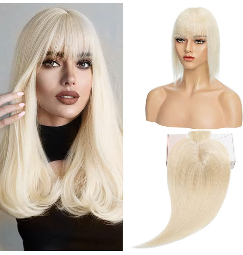 100% Virgin Remy Light Silver Mono Base Human Hair Topper With Bangs for Women