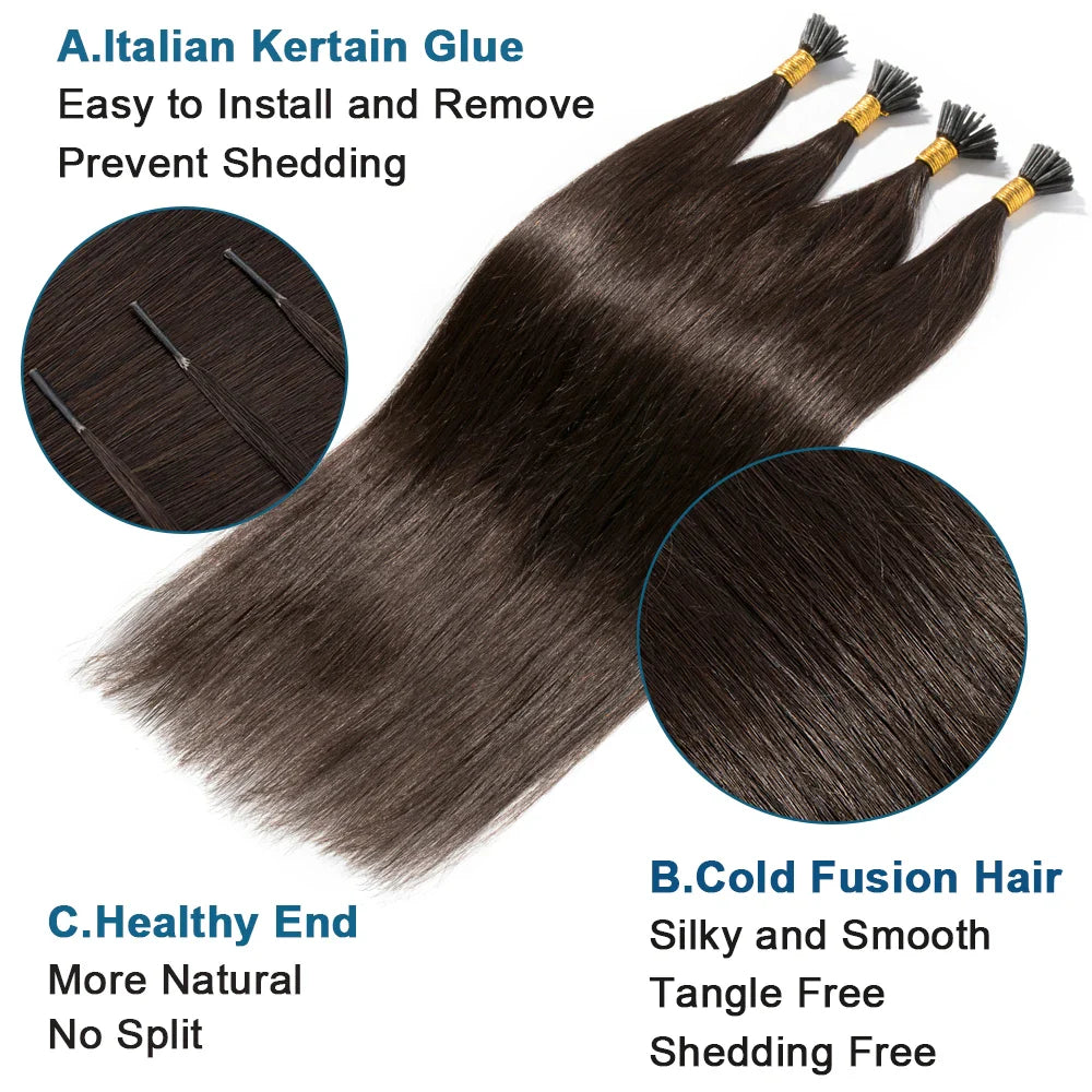 100 Strands I Tip Hair Extensions Straight Pre Bonded Stick I Tip Human Hair Keratin Cold Fusion Hair Extensions 50g