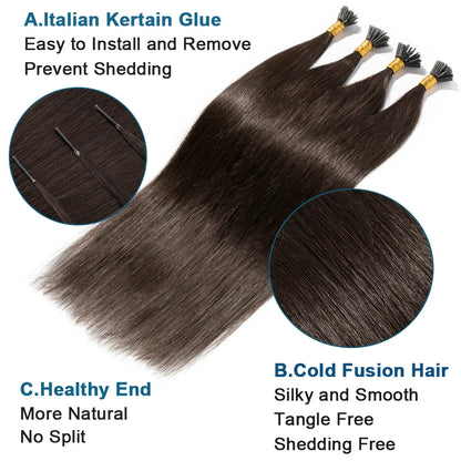 100 Strands I Tip Hair Extensions Straight Pre Bonded Stick I Tip Human Hair Keratin Cold Fusion Hair Extensions 50g
