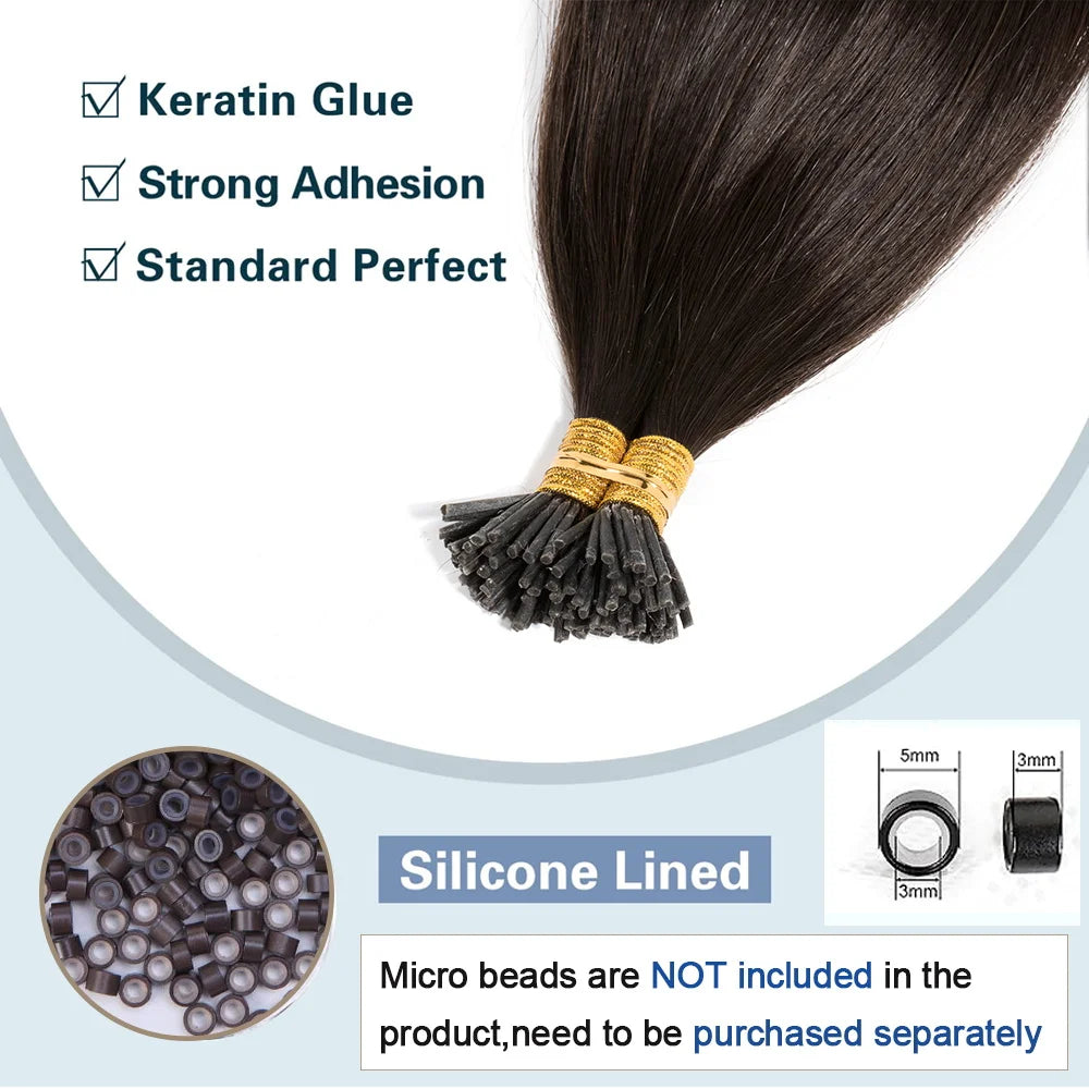 100 Strands I Tip Hair Extensions Straight Pre Bonded Stick I Tip Human Hair Keratin Cold Fusion Hair Extensions 50g