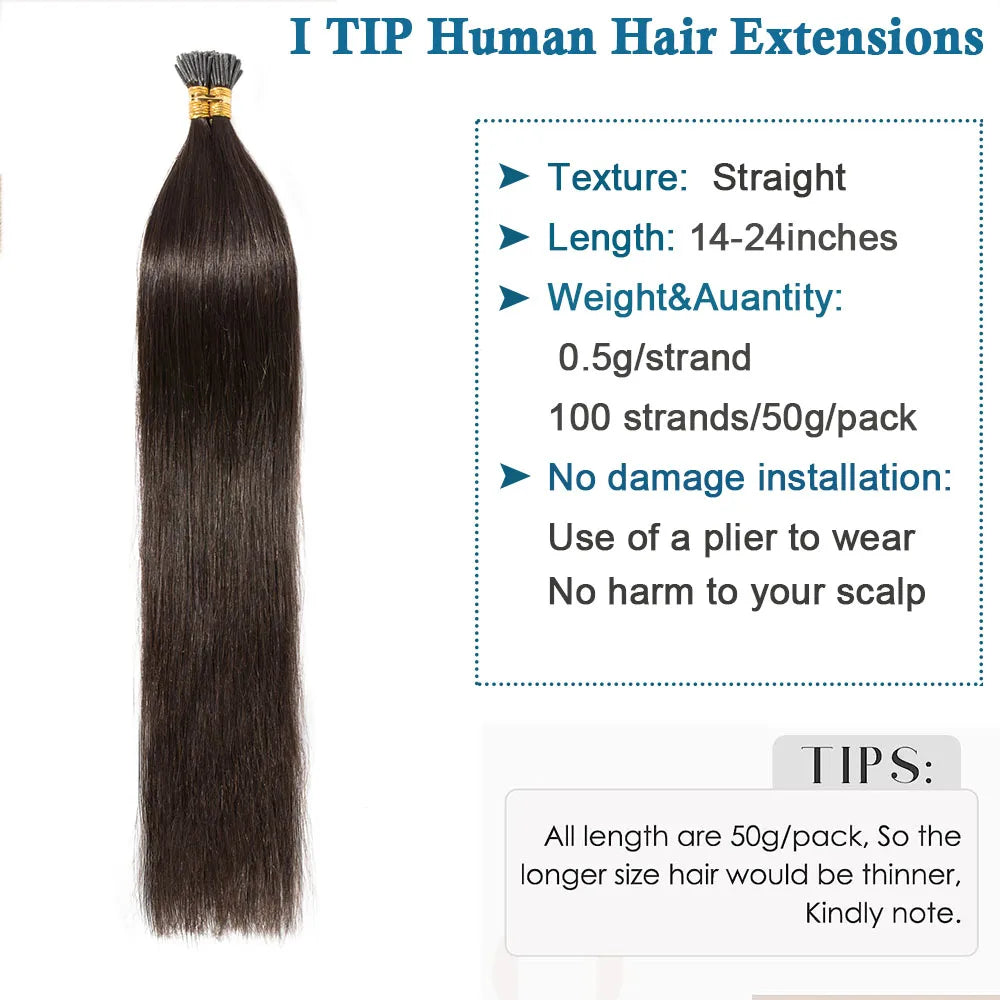 100 Strands I Tip Hair Extensions Straight Pre Bonded Stick I Tip Human Hair Keratin Cold Fusion Hair Extensions 50g