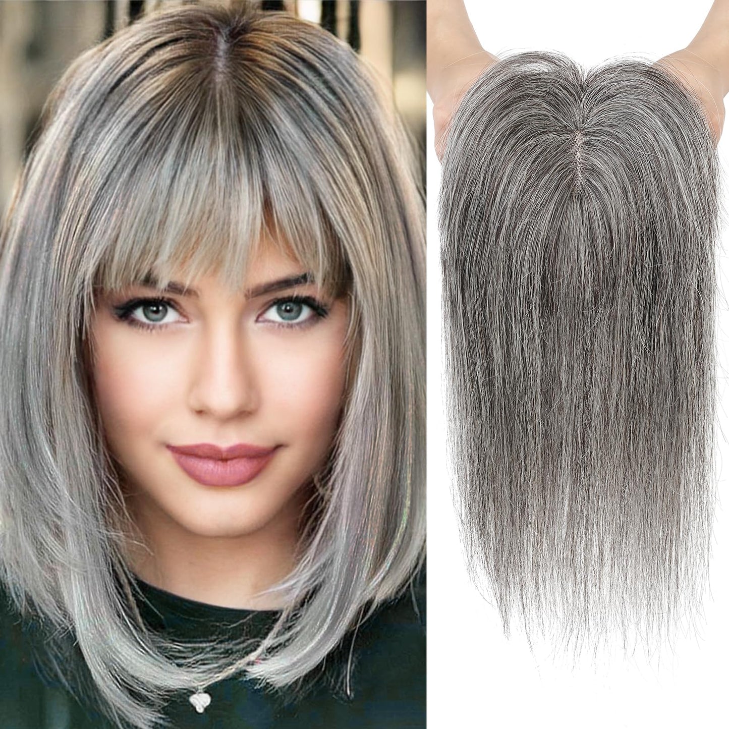 100% Virgin Remy Light Silver Mono Base Human Hair Topper With Bangs for Women