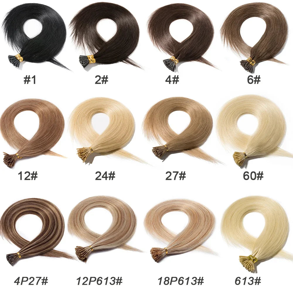 100 Strands I Tip Hair Extensions Straight Pre Bonded Stick I Tip Human Hair Keratin Cold Fusion Hair Extensions 50g