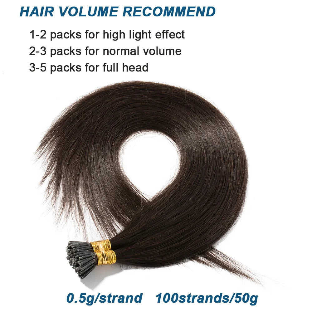 100 Strands I Tip Hair Extensions Straight Pre Bonded Stick I Tip Human Hair Keratin Cold Fusion Hair Extensions 50g